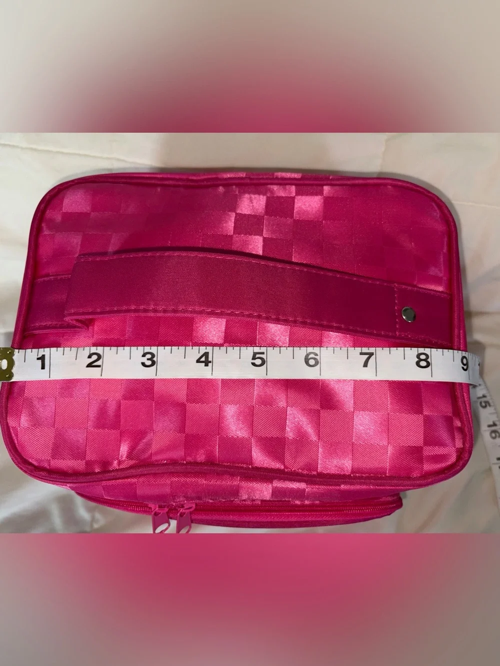 Bright Pink Checker Satin Cosmetic Travel Bag